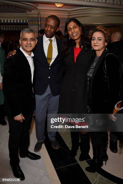 Sadiq Khan, Adrian Lester, Lolita Chakrabarti and Saadiya Khan attend the press night performance of "Hamilton" at The Victoria Palace Theatre on...