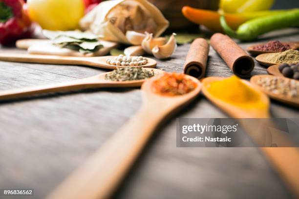 different spices arranged on wooden table ,copy space - ginger bush stock pictures, royalty-free photos & images