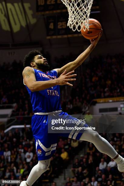 Tennessee State Tigers guard Delano Spencer goes up for a lay up during the college basketball game between the Tennessee State Tigers and the Purdue...