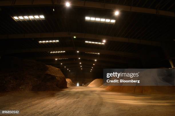 Piles of wood chips and sawdust sit in a yard at the Gonoike Biomass Power Station, operated by Gonoike Bioenergy Corp., a subsidiary of Mitsubishi...