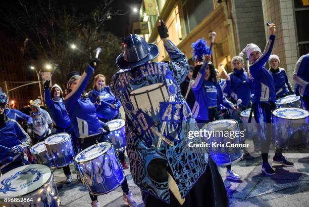 Members of the FogoAzul NYC Drumline performs during the "Solstice Soul Train" event as part of "Make Music Winter, December 21" on December 21, 2017...