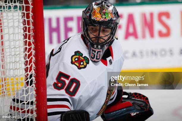 Corey Crawford of the Chicago Blackhawks tends goal against the Dallas Stars at the American Airlines Center on December 21, 2017 in Dallas, Texas.