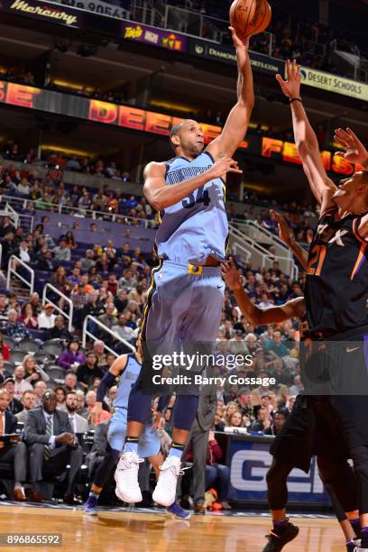 Brandan Wright of the Memphis Grizzlies shoots the ball against the Phoenix Suns on December 21, 2017 at Talking Stick Resort Arena in Phoenix,...