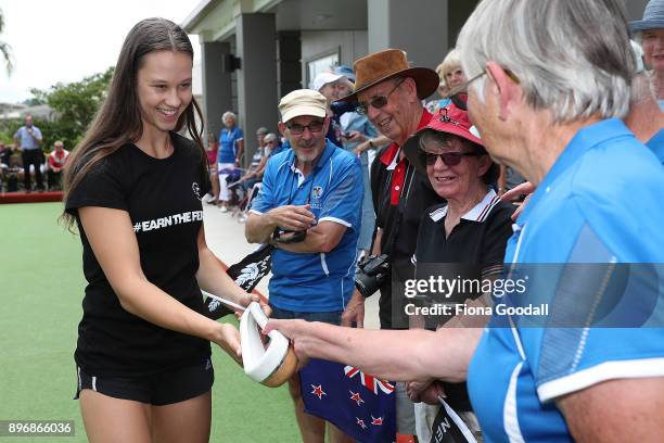 Pole Vaulter Olivia McTaggart shows the Queens Baton around Settlers Albany Retirement Community during the Queens Baton Commonwealth Games Relay on...