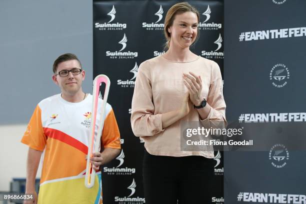 Lauren Boyle congratulates the team at the aquatics Commonwealth Games team announcement at the Sir Owen Glenn National Aquatic Centre during the...