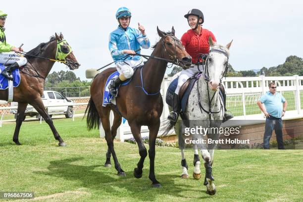 Liam Riordan returns to the mounting yard on Cool Runnings after winning the GCD Constructions BM58 Handicap at Yarra Valley Racecourse on December...