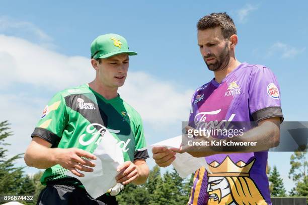 Captains Will Young of the Central Stags and Andrew Ellis of Canterbury look on prior to the Super Smash match between the Canterbury Kings and the...