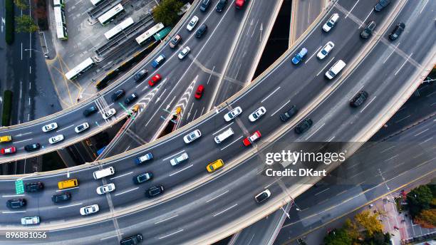 nanpu bridge aerial highway junction - busy city aerial stock pictures, royalty-free photos & images
