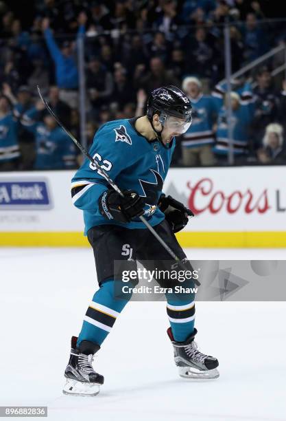 Kevin Labanc of the San Jose Sharks celebrates after he scored the game-winning goal in overtime against the Vancouver Canucks at SAP Center on...