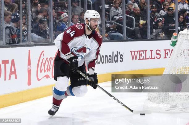 Mark Barberio of the Colorado Avalanche handles the puck during a game against the Los Angeles Kings at STAPLES Center on December 21, 2017 in Los...