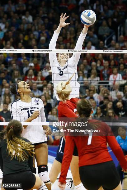 Ali Frantti of Penn State University reaches for the ball during the Division I Women's Volleyball Semifinals held at Sprint Center on December 14,...