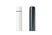 Blank black and white closed travel thermos mock up