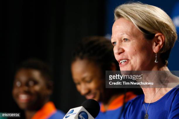University of Florida head coach Mary Wise speaks to members of the press following Florida's win against Stanford University during the Division I...