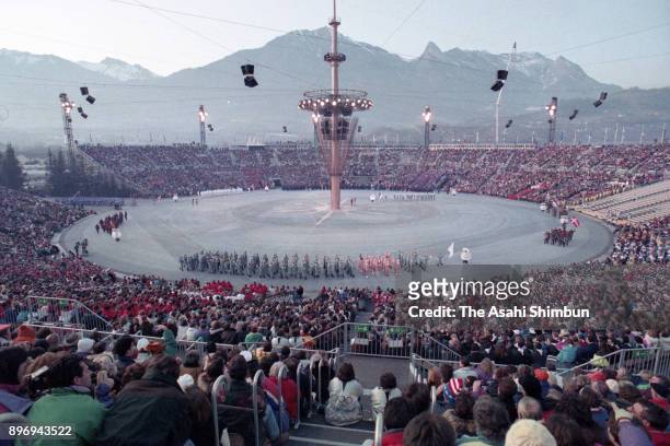 General view during the opening ceremony of the Albertville Winter Olympics at the Theatre des Ceremonies on February 8, 1992 in Albertville, France.