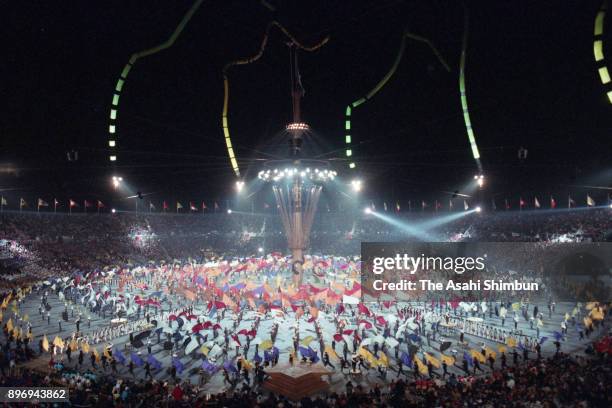 Performers dance during the opening ceremony of the Albertville Winter Olympics at the Theatre des Ceremonies on February 8, 1992 in Albertville,...