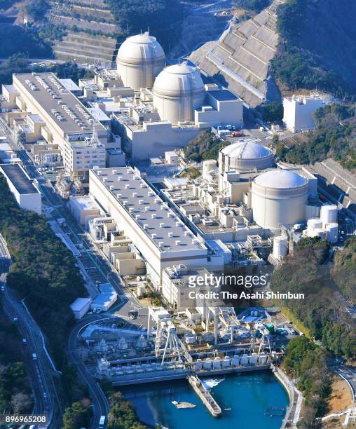 In this aerial image, No. 1 and No.2 reactors are seen at Kansai Electric Power Co's Oi Nuclear Power Plant on December 22, 2017 in Oi, Fukui, Japan....