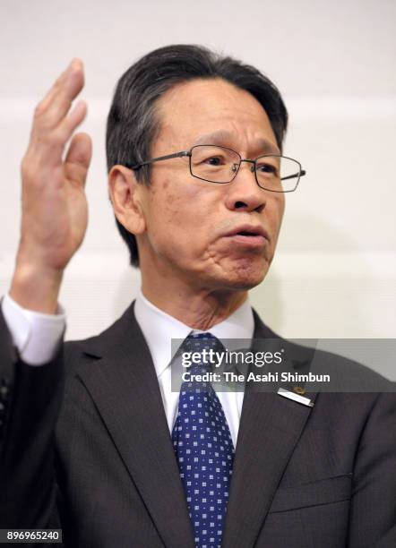 Kansai Electric Power President Shigeki Iwane speaks to media reporters after his meeting with Fukui Governor Issei Nishikawa about the decommission...