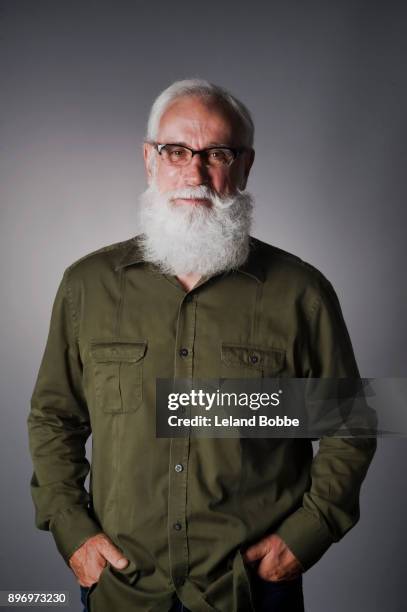 portrait of middle aged caucasian male with white beard - grünes hemd stock-fotos und bilder