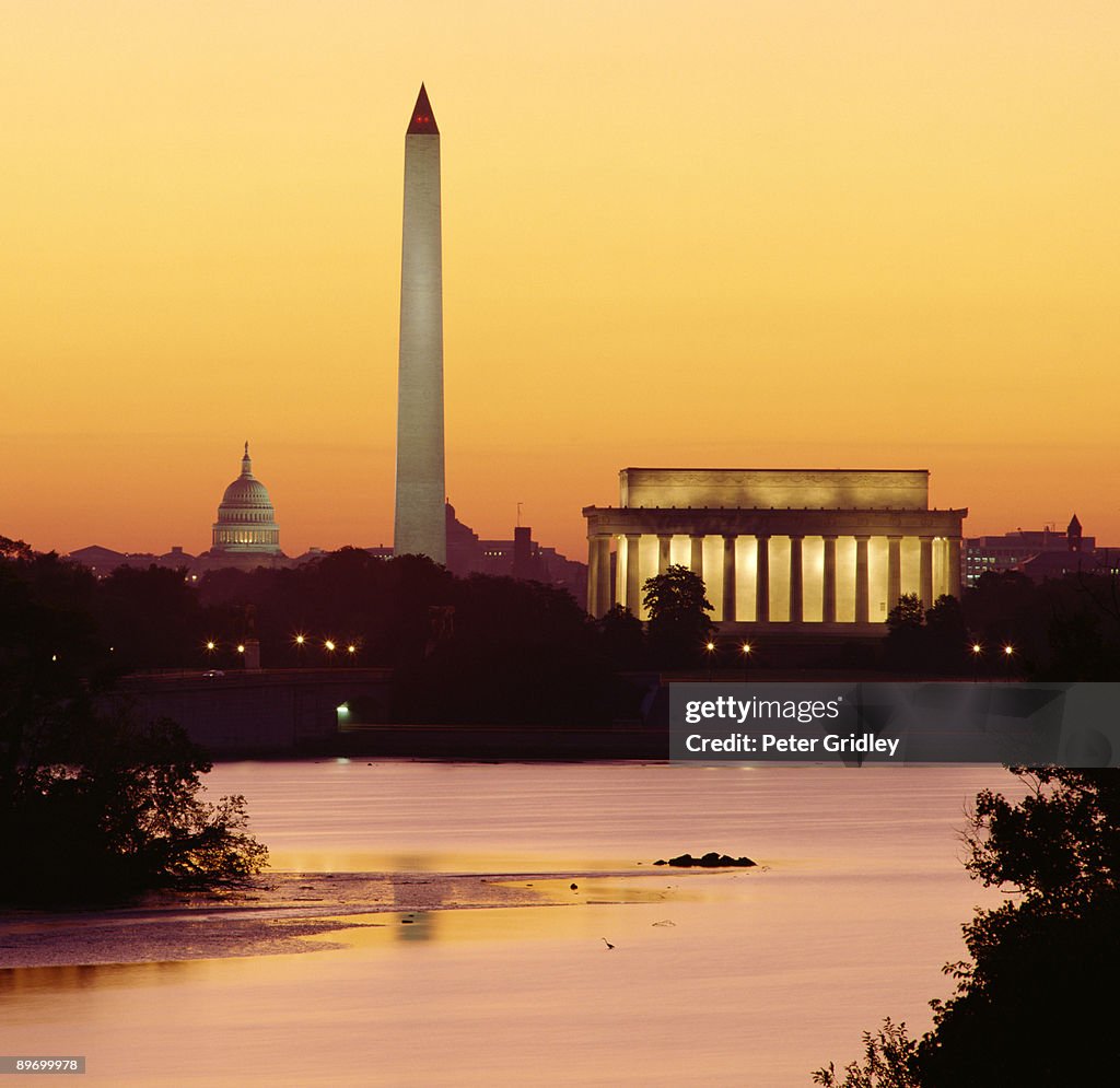 Potomac River, US Capitol dome, Washington Monument and Lincoln Memorial, Washington DC