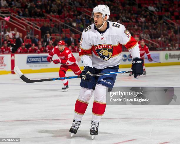 Alex Petrovic of the Florida Panthers follows the play against the Detroit Red Wings during an NHL game at Little Caesars Arena on December 11, 2017...