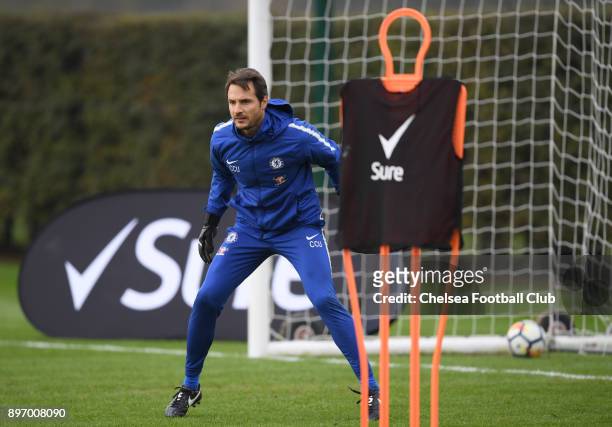 Carlo Cudicini takes part in a training drill during the Sure Pressure Series with Chelsea players at Chelsea Training Ground on November 27, 2017 in...