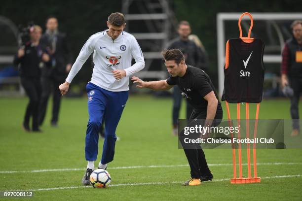 Tore Andre Flo takes part in a training drill during the Sure Pressure Series with Chelsea players at Chelsea Training Ground on November 27, 2017 in...