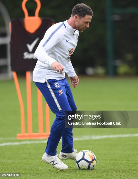 Wayne Bridge takes part in a training drill during the Sure Pressure Series with Chelsea players at Chelsea Training Ground on November 27, 2017 in...