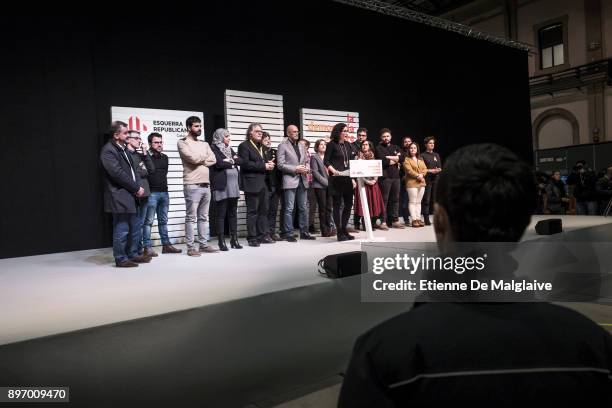 Marta Rovira , candidate of 'Esquerra Republicana de Catalunya' - ERC , celebrates the results with members of her party and addresses the press, on...