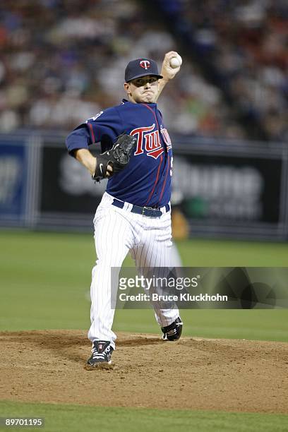 Brian Duensing of the Minnesota Twins pitches to the Los Angeles Angels on August 2, 2009 at the Metrodome in Minneapolis, Minnesota. The Angels won...