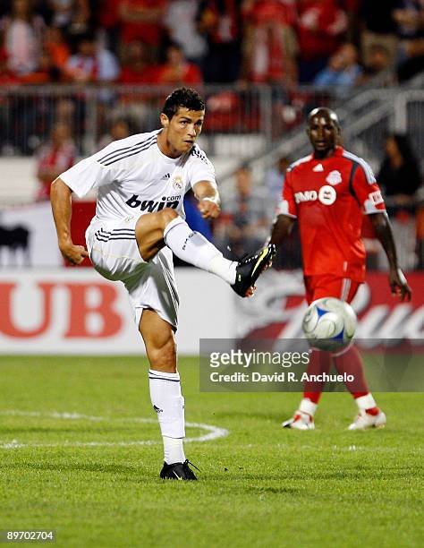 Cristiano Ronaldo of Real Madrid passes the ball during the match between Toronto FC and Real Madrid at BMO Field on August 7, 2009 in Toronto,...
