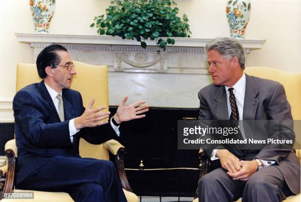 Secretary General Willy Claes talks with American politician US President Bill Clinton in the White House's Oval Office, Washington DC, October 2,...