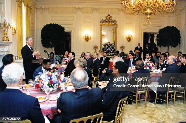 American politician US President Bill Clinton hosts a breakfast for a group of Ecumenical leaders in the White House's State Dining Room, Washington...