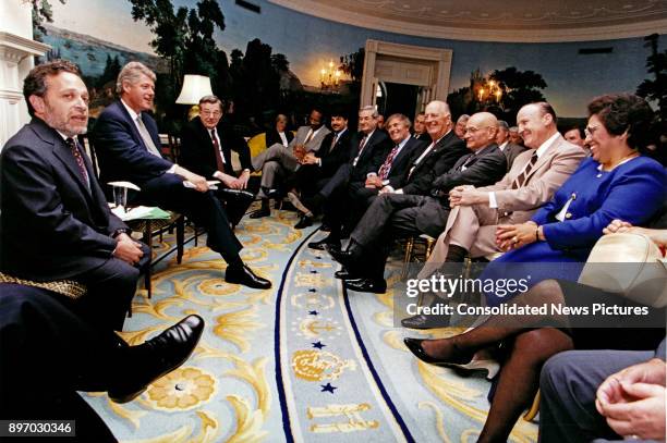 American politician US President Bill Clinton meets with the AFL-CIO Executive Council in the Diplomatic Reception Room at the White House,...