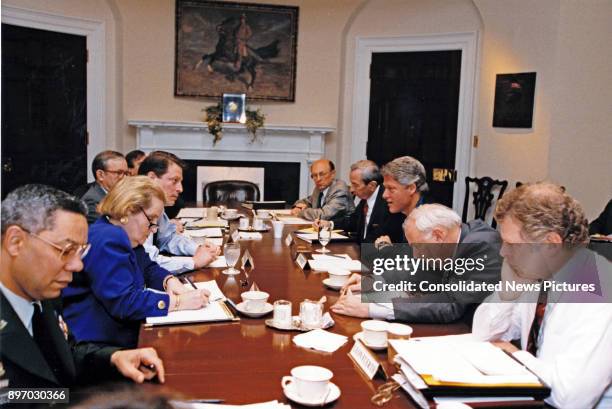 American politician US President Bill Clinton meets with his national security team in the Roosevelt Room of the White House, Washington DC, May 1,...