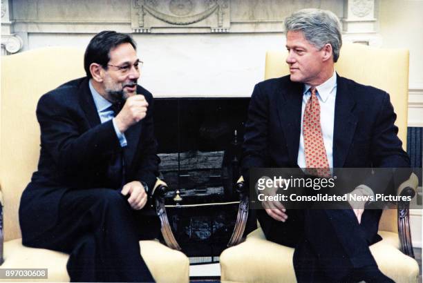 Secretary General Javier Solana and US President Bill Clinton talk together in the White House's Oval Office, Washington DC, February 20, 1996.