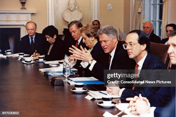 American politician US President Bill Clinton chairs a Cabinet Meeting in the Cabinet Room of the White House, Washington DC, January 23, 1998. Among...