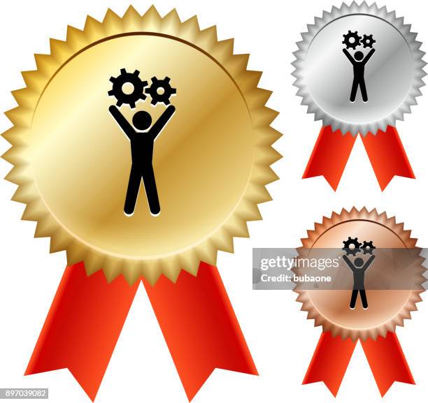 ilustrações de stock, clip art, desenhos animados e ícones de stick figure holding gear gold medal prize ribbons - sport industry awards 2017