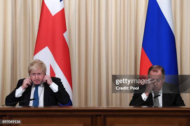 British Foreign Secretary Boris Johnson and Russian counterpart Sergei Lavrov during a press conference after their meeting on December 22, 2017 in...