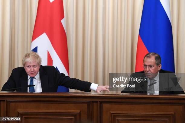 British Foreign Secretary Boris Johnson and Russian counterpart Sergei Lavrov during a press conference after their meeting on December 22, 2017 in...