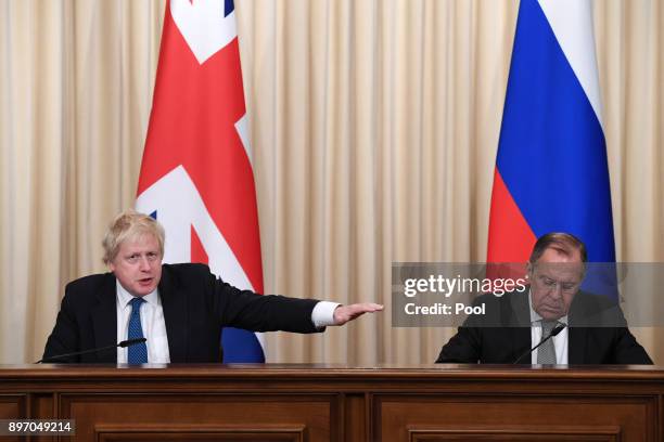 British Foreign Secretary Boris Johnson and Russian counterpart Sergei Lavrov during a press conference after their meeting on December 22, 2017 in...