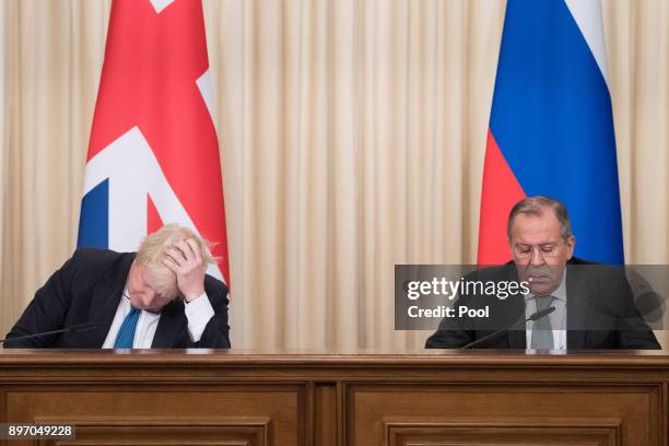 British Foreign Secretary Boris Johnson and Russian counterpart Sergei Lavrov during a press conference after their meeting on December 22, 2017 in...