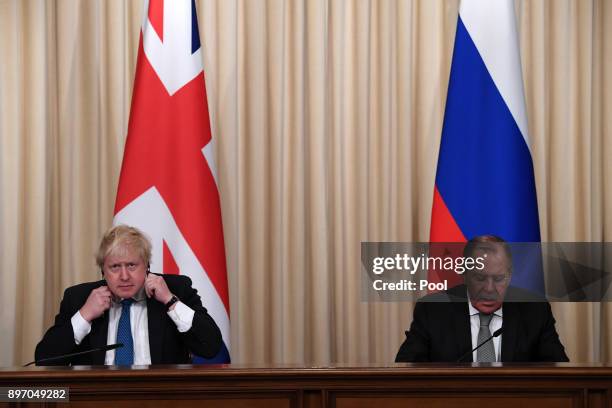 British Foreign Secretary Boris Johnson and Russian counterpart Sergei Lavrov during a press conference after their meeting on December 22, 2017 in...