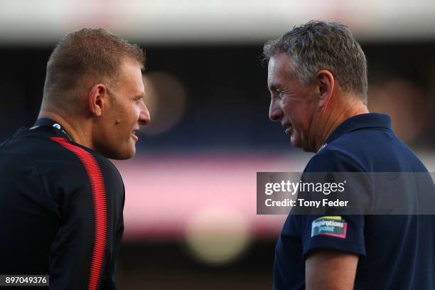 Josep Gombau of the Wanderers and Ernie Merrick of the Jets during the round 12 A-League match between the Newcastle Jets and the Western Sydney...