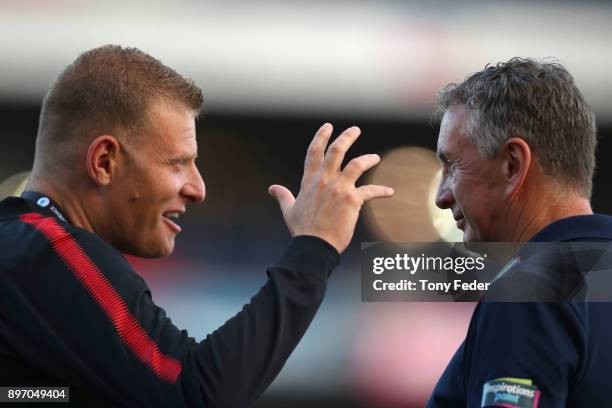 Josep Gombau of the Wanderers and Ernie Merrick of the Jets during the round 12 A-League match between the Newcastle Jets and the Western Sydney...