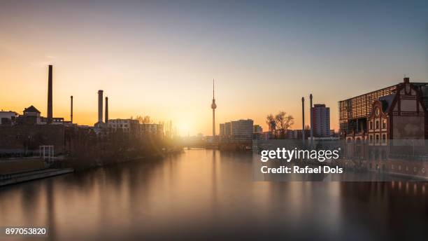 berlin skyline with spree river and tv-tower at sunset - river spree stock pictures, royalty-free photos & images