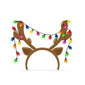 Reindeer antlers with Christmas lights on white background