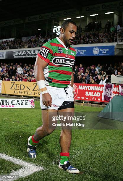 Roy Asotasi of the Rabbitohs leaves the field with a suspected season-ending injury during the round 22 NRL match between the Manly Warringah Sea...