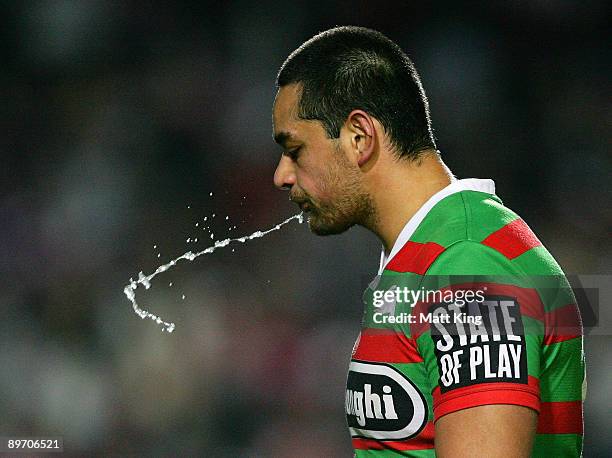 John Sutton of the Rabbitohs spits water during the round 22 NRL match between the Manly Warringah Sea Eagles and the South Sydney Rabbitohs at...