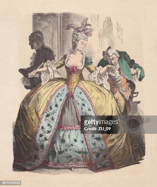 dame im reifrock, rokoko, handkolorierten holzschnitt, veröffentlicht c.1880 - kleid stock-grafiken, -clipart, -cartoons und -symbole