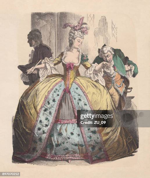 illustrazioni stock, clip art, cartoni animati e icone di tendenza di lady in gonna a cerchio, era rococò, xilografia colorata a mano, pubblicata nel 1880 circa - nobile